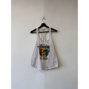 Stussy Tank Top Womens Medium Gray Rasta Irie Roots Racerback Graphic Reggae